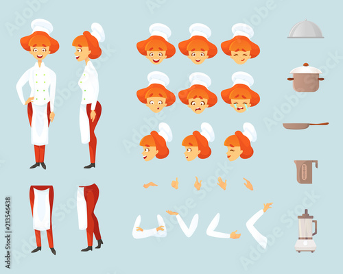 Chef cooking character constructor and kitchen utensil objects for animation scene. Set of various woman poses, faces, hands, legs. Vector illustration isolated on blue background in cartoon style.