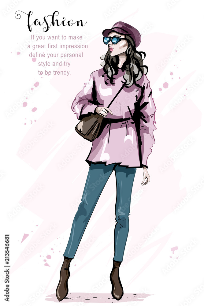 Fashion woman with bag. Stylish beautiful young woman in cap. Hand drawn girl in sunglasses. Sketch. Fashion woman with bag. Stylish beautiful young woman in cap. Hand drawn girl in sunglasses. Sketch.