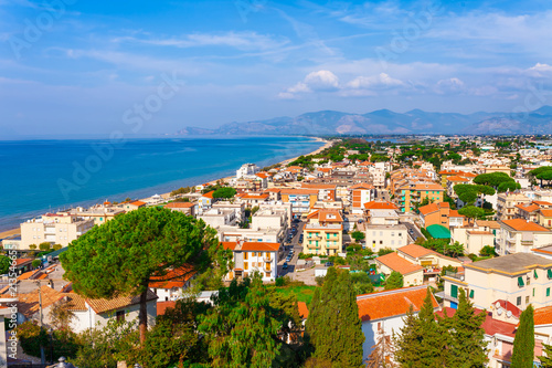 Sea landscape with Sperlonga, Lazio, Italy. Scenic resort town village with nice sand beach and clear blue water in picturesque bay. Famous tourist destination in Riviera de Ulisse