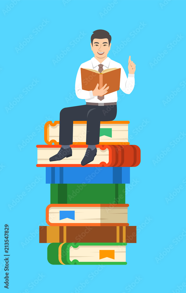 Young asian man teacher reads open book sitting on stack of giant books. School education concept. Vector cartoon illustration. Clever expert shares knowledge. Young asian man teacher reads open book sitting on stack of giant books. School education concept. Vector cartoon illustration. Clever expert shares knowledge.