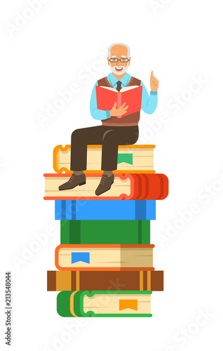 Elderly man teacher reads open book sitting on stack of giant books. School education concept. Vector cartoon illustration. Senior professor shares his knowledge. Isolated on white