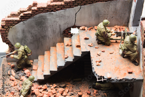 View of diorama part with soviet soldiers in ruined building in war