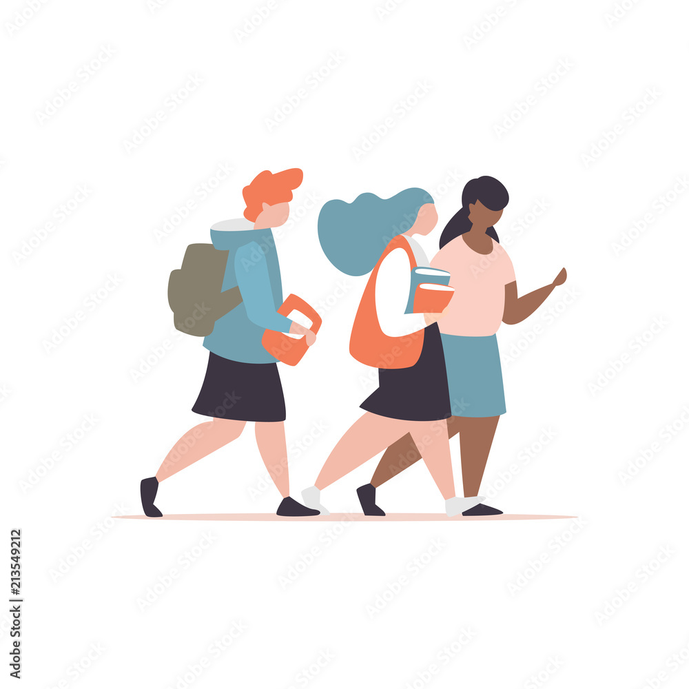 Fototapeta premium Couple schoolgirl with briefcase and book go to school