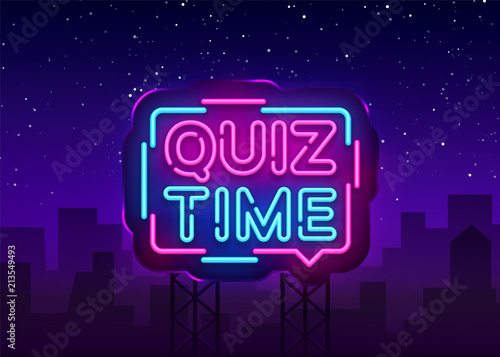 Quiz Time announcement poster neon signboard vector. Pub Quiz vintage styled neon glowing letters shining, Light Banner, Questions team game.Vector illustration. Billboard