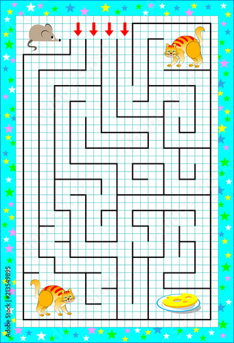 Logic puzzle game with labyrinth for children on a square paper. Help the mouse find the way till the cheese. Draw the lines. Developing skills for writing and drawing. Vector image.
