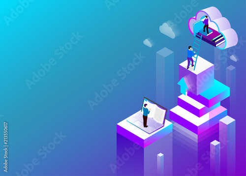 Digital library background with laptop and cloud storage.