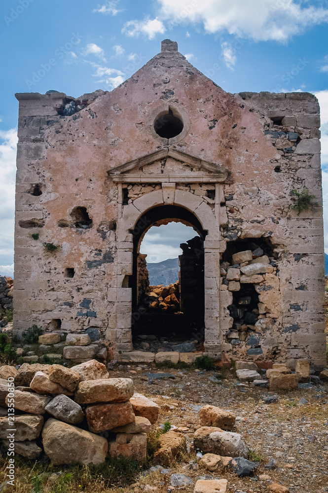 Ruins of Agios Georgios church in Venetian fort on Imeri Gramvousa Island near island of Crete, Greece