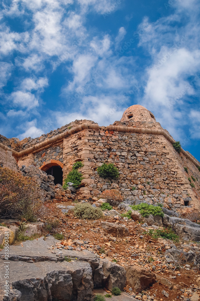 Ruins of Venetian fort on Imeri Gramvousa Island near island of Crete, Greece