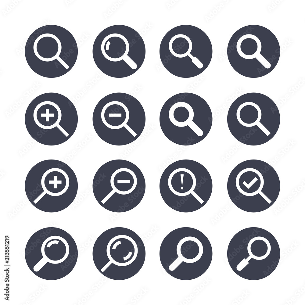 Magnifying glass flat glyph icons. Search, zoom in and out icon. Signs for user interface. Solid silhouette pixel perfect 48x48. Magnifying glass flat glyph icons. Search, zoom in and out icon. Signs for user interface. Solid silhouette pixel perfect 48x48.