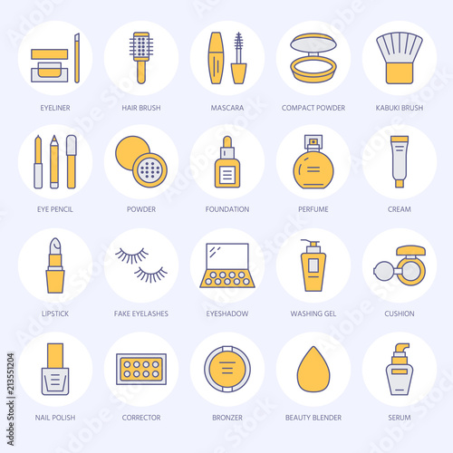 Makeup beauty care flat line icons. Cosmetics illustrations of lipstick, mascara, powder, eyeshadows, cushion foundation, nail polish, hair brush shampoo. Thin signs for make up store.