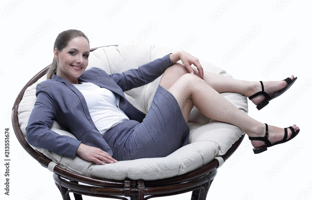 business woman sitting in a round chair rattan business woman sitting in a round chair rattan