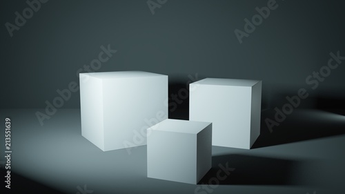 Set of 3D white cubes in a grey-blue lit studio, presentation pedestals.
