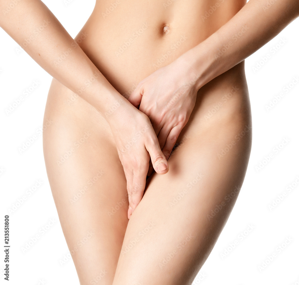 body care gynecology and woman's health. Close up photo of woman hide with hands Intimate part of her abdomen body care gynecology and woman's health. Close up photo of woman hide with hands Intimate part of her abdomen