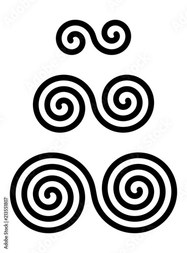 Three interlocked double spirals over white. Combined spirals with two, three and four turns. Motifs of twisted and connected spirals. Isolated illustration. Vector.