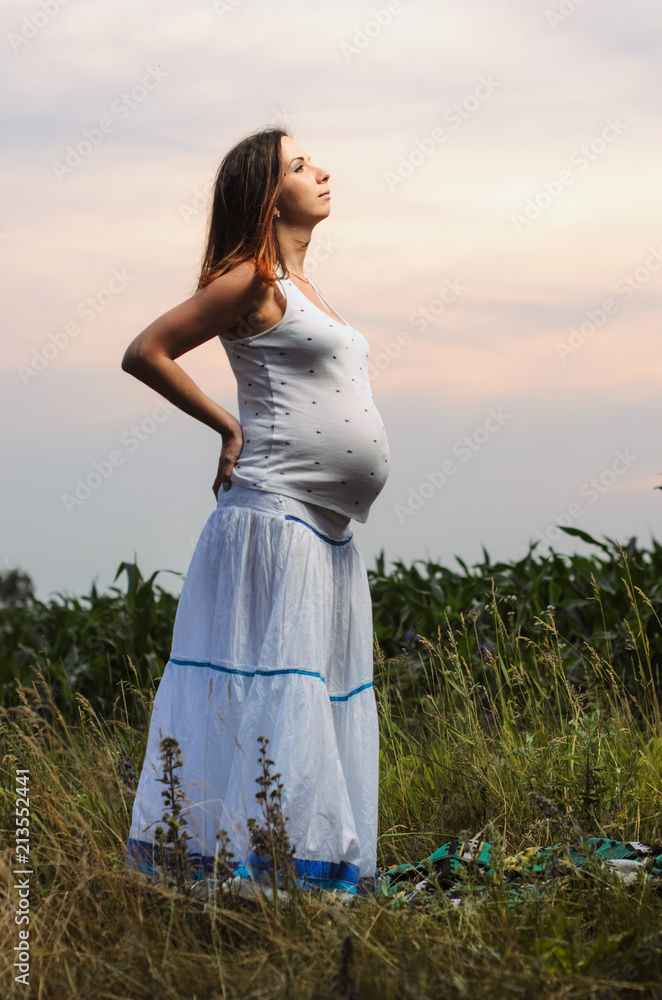 Obraz premium pregnant woman , expectant mother . dressed in white, family photo shoot at sunset in a field