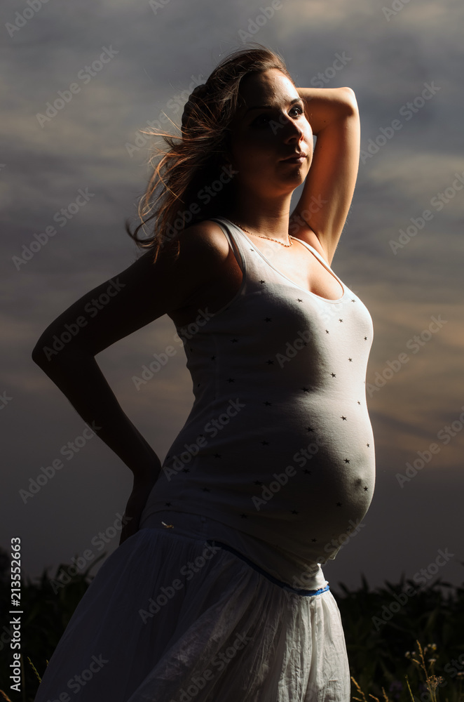 pregnant woman , expectant mother . dressed in white, family photo shoot at sunset in a field in backlit pregnant woman , expectant mother . dressed in white, family photo shoot at sunset in a field in backlit