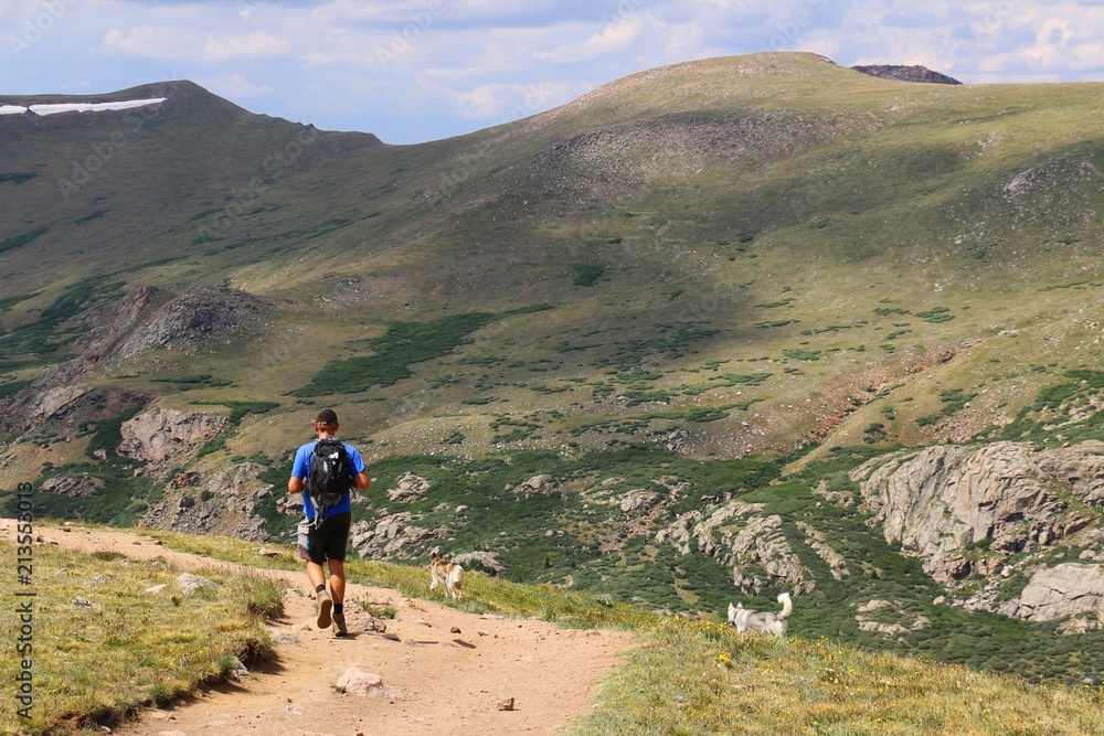 Man hiking with huskies in Colorado
