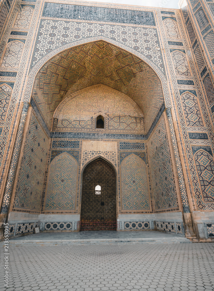 Entrance gate to Bibi Khanum Mosque in Samarkand Uzbekistan
