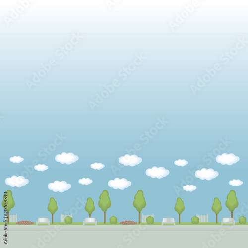 Seamless vector pattern curb park street painted trees of a flowerbed of flowerbeds fence clouds on a blue background.