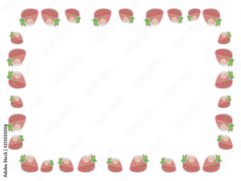 Frame with red strawberries with green with strokes simple stylized drawing berry horizontal border rectangle for congratulation greeting card on white background