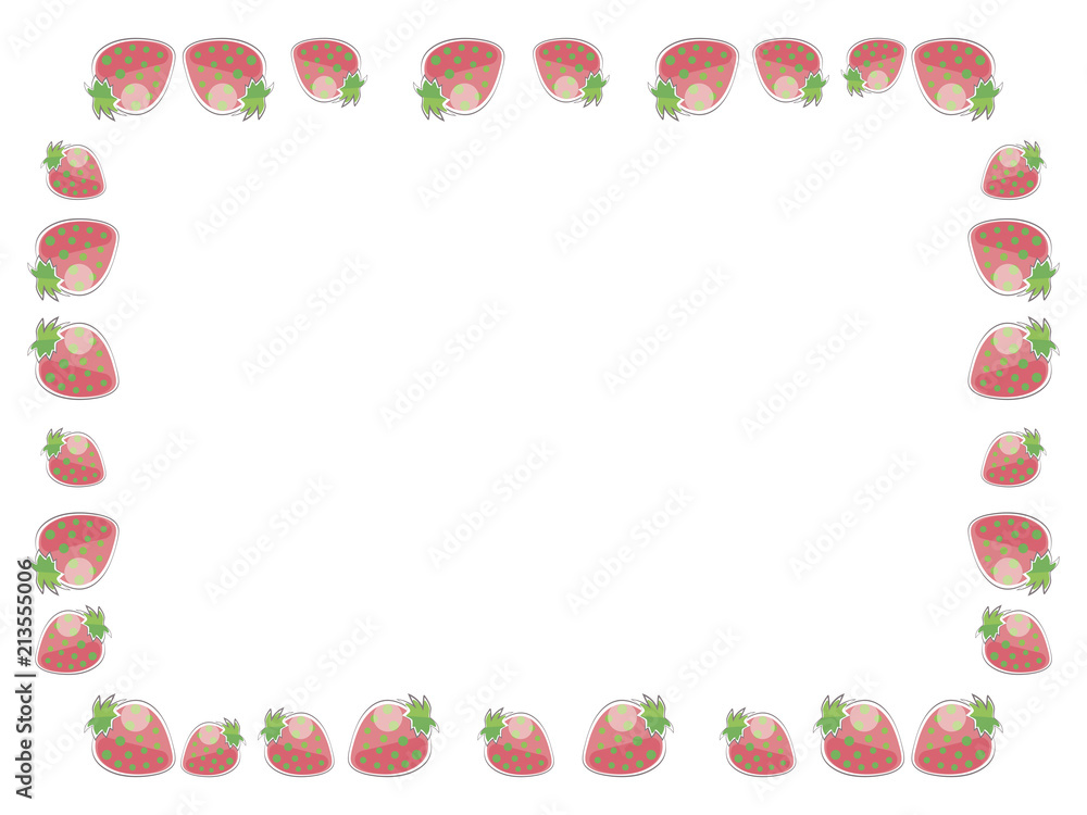 Frame with red strawberries with green with strokes simple stylized drawing berry horizontal border rectangle for congratulation greeting card on white background Frame with red strawberries with green with strokes simple stylized drawing berry horizontal border rectangle for congratulation greeting card on white background