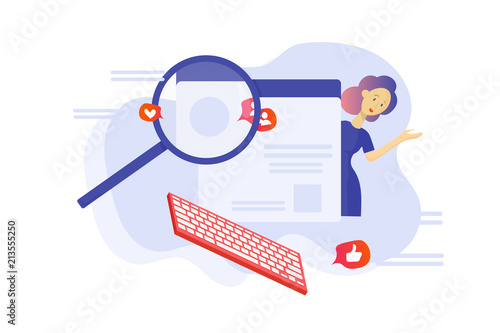 Vector flat illustration: Fact checking Communication via internet, journalist investigation, Investigative blogging banner. Investigative watchdog journalism or fact checking concept.