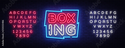 Boxing Neon sign vector design template. Boxing neon logo, light banner design element colorful modern design trend, night bright advertising, bright sign. Vector illustration. Editing text neon sign