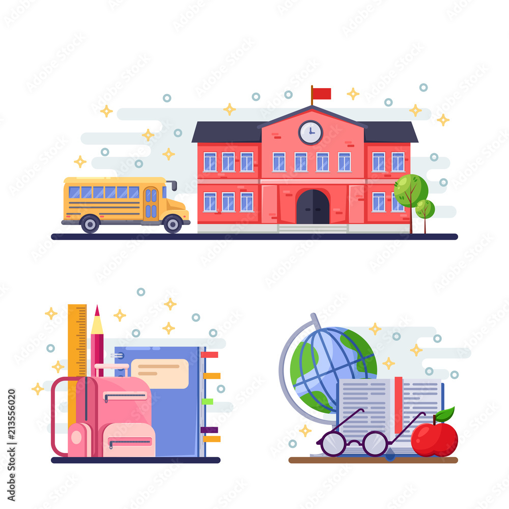 Obraz premium Back to school vector flat illustration. School building, yellow bus and stationery supplies. Education icons.