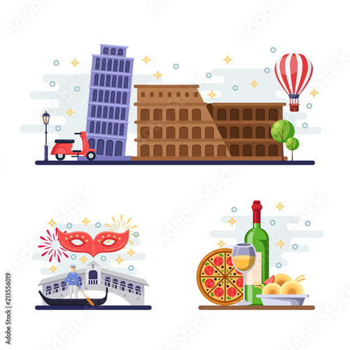 Travel to Italy vector flat illustration. Rome, Pisa, Venice city symbols, landmarks and food. Italian design elements