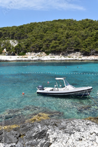Croatian seascape with island and boats, Hvar Island, Dalmatian Coast, Croatia, June, 2018