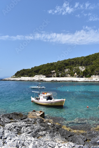 Adriatic sea Croatian seascape with island and boats, Hvar Island, Dalmatian Coast, Croatia