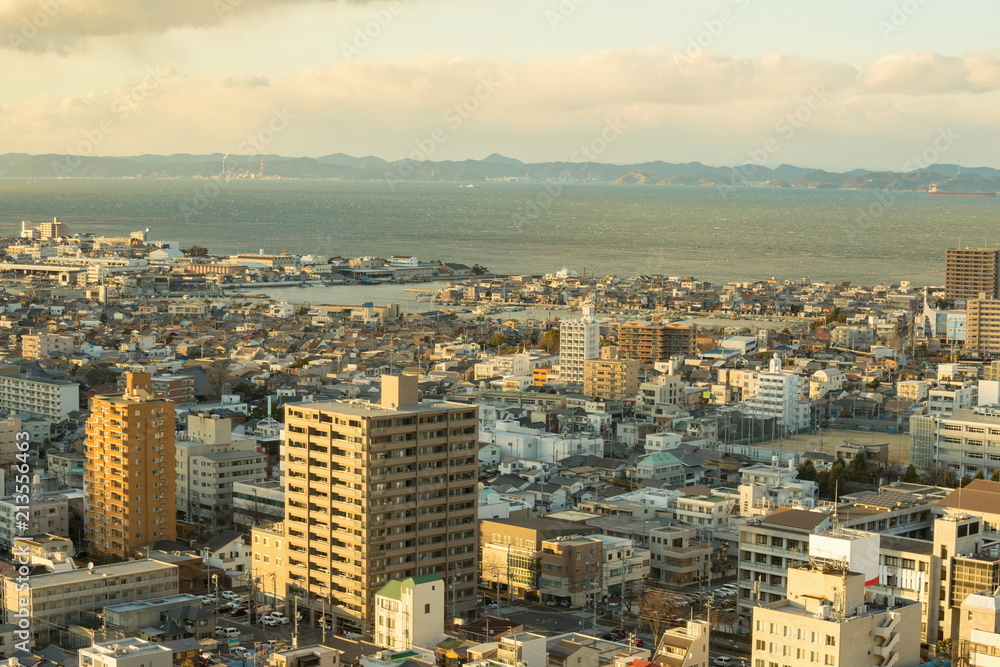 Cityscape of Takamatsu city in the twilight,Kagawa,Shikoku,Japan