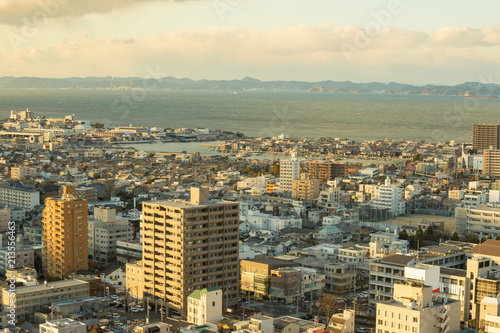 Cityscape of Takamatsu city in the twilight Kagawa Shikoku Japan