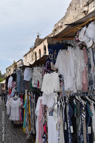 Clothes hanging on sale at the local market, Split, Croatia