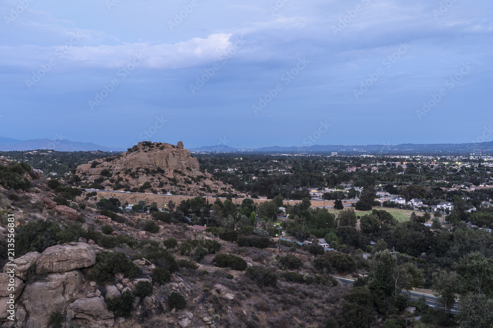 Dusk view of Stoney Point Park and the San Fernando Valley in Los Angeles, California.