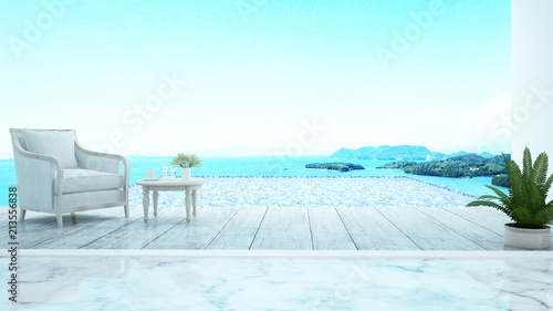 Living area on pool deck and swimming pool with panorama sea view - Pool terrace and swimming pool sea view and island view in hotel or resort - Artwork for summer time - 3D Rendering