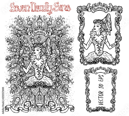 Pride. Latin word Superbia means Vanity. Seven deadly sins concept, black and white vector set with frame. Hand drawn engraved illustration, tattoo and t-shirt design, religious symbol