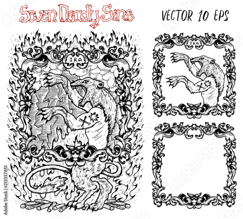 Wrath. Latin word Ira means Anger. Seven deadly sins concept, black and white vector set with frame. Hand drawn engraved illustration, tattoo and t-shirt design, religious symbol