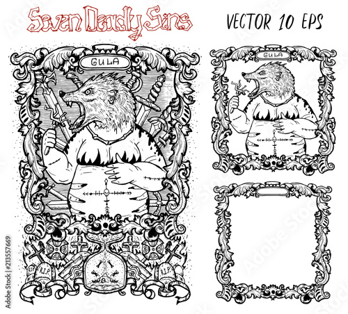 Gluttony. Latin word Gula means Overweight or Obesity. Seven deadly sins concept, black and white vector set with frame. Hand drawn engraved illustration, tattoo and t-shirt design, religious symbol