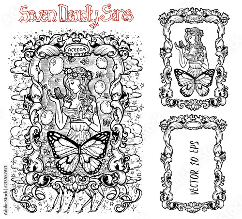Sloth. Latin word Acedia means Despair or Apathy. Seven deadly sins concept, black and white vector set with frame. Hand drawn engraved illustration, tattoo and t-shirt design, religious symbol