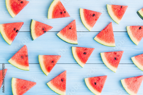 Watermelon slice on blue wood background,Concept food for summer