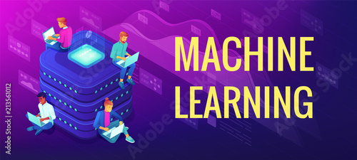 Isometric machine learning concept. Computer science, statistical techniques and data analysis. Engineering team working near machine learning title. Vector 3d illustration on ultraviolet background.