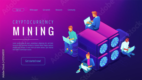 Cryptocyrrency mining landing page. People with laptops working near the mining farm. Blockchain global system and mining group concept on ultraviolet background. Vector 3d illustration.