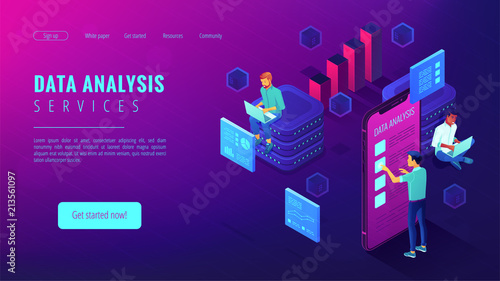Data analysis services landing page. Isometric IT team working on different analytics services around charts and graphics. Big data analysis concept . Vector 3d illustration on ultraviolet background.