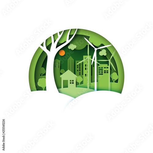 Green cco friendly urban city on nature landscape background.Ecology and environment conservation concept idea.Paper art style vector illustration.