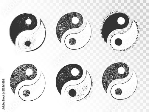 Vector set of hand drawn yin yang signs with grunge and floral elements.