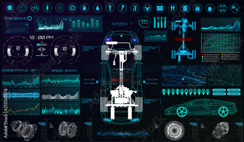Futuristic user interface. Car service in the style of HUD. Virtual graphical interface Ui HUD Autoscanning, analysis and diagnostics, Abstract vector science. Car auto service infographics.repair