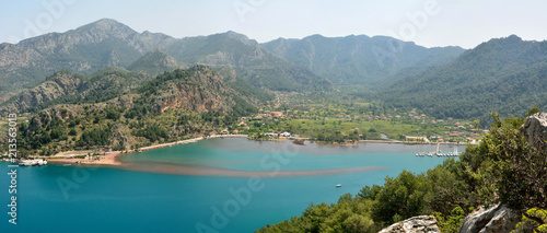 Panoramic view over Orhaniye village and Kizkumu beach near Marmaris resort town in Turkey.