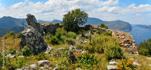 Ruins of Hydas castle above Selimiye bay near Marmaris resort town in Turkey.