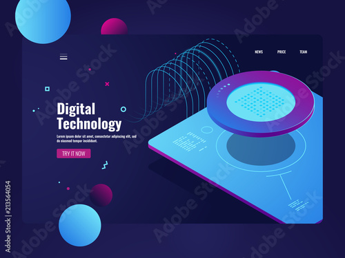 Incoming big data flow, digital information processing, server room, datacenter and database icons, mobile device application isometric vector illustration, dark